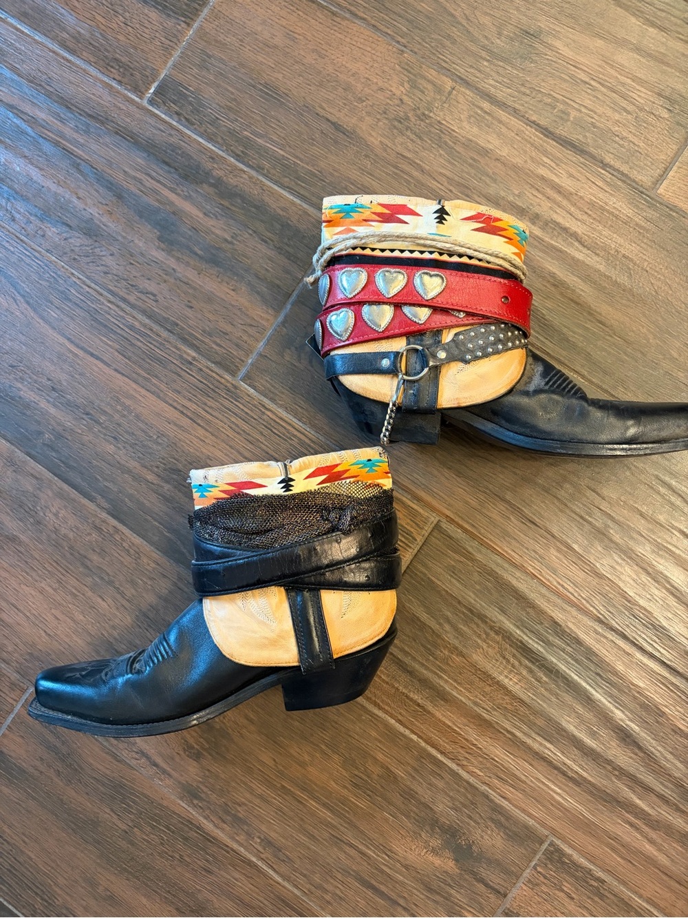 Western Ankle Boots with Colorful Aztec Cuff - Black & Red - Picture 2 of 5